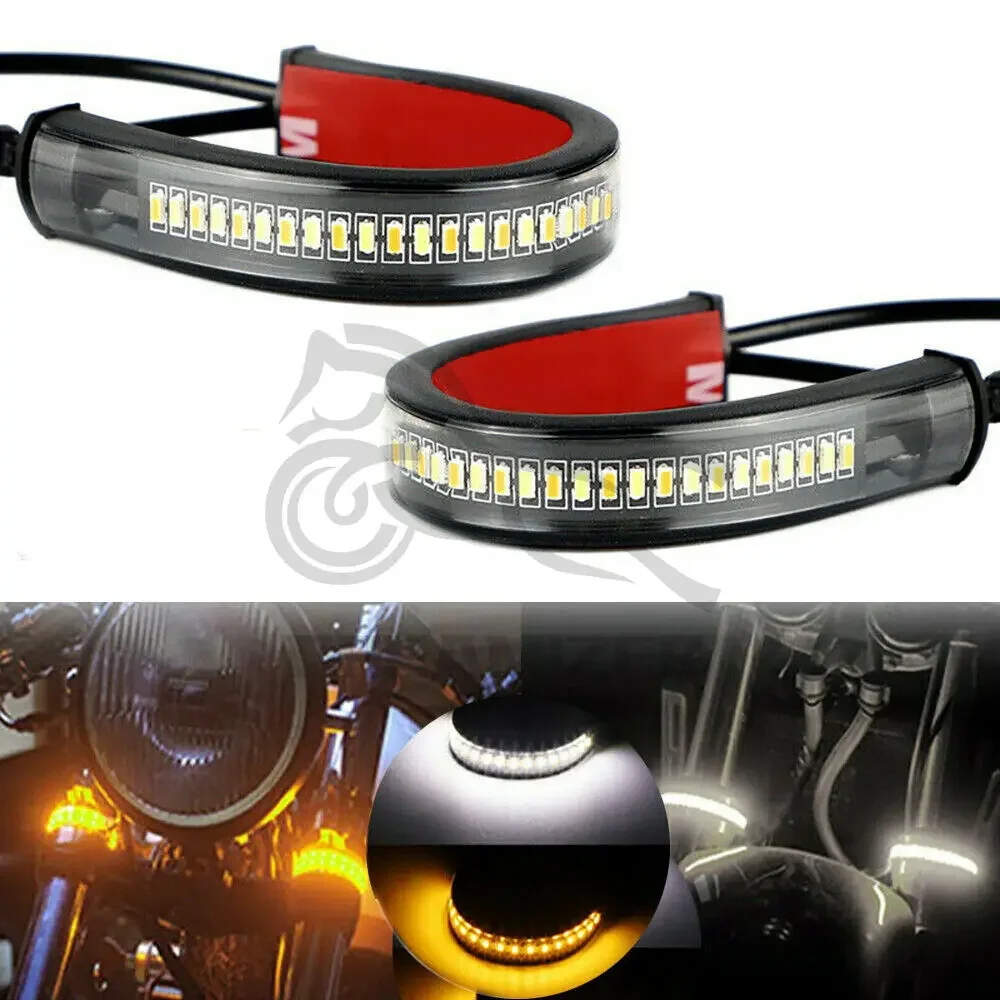 

2Pcs 12V LED Ring Fork Strip Lamp Flashing Blinker Motorcycle Turn Signal Light DRL Amber White Moto Flasher Auto Accessories