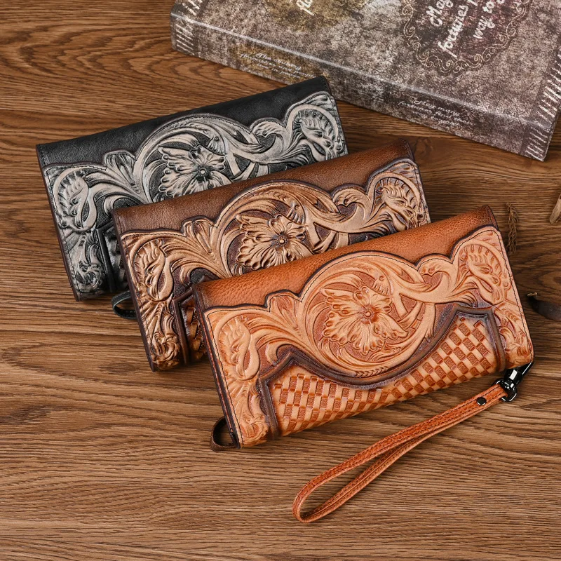 

Chinese wind Pressure money bag for women, long leather, large capacity, three-fold mobile phone storage wallet