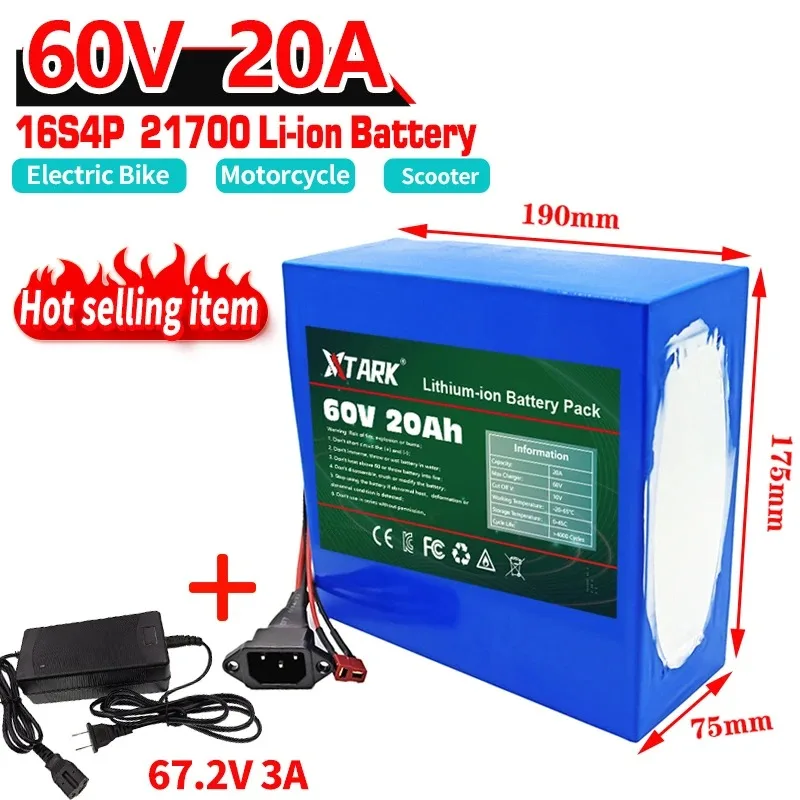 

2024 New XT60 plug 60V 20Ah 16S4P 21700 Lithium Battery Pack 1000W-3000W E-Bike Motorcycle Scooter Battery +67.2V 3A Charger