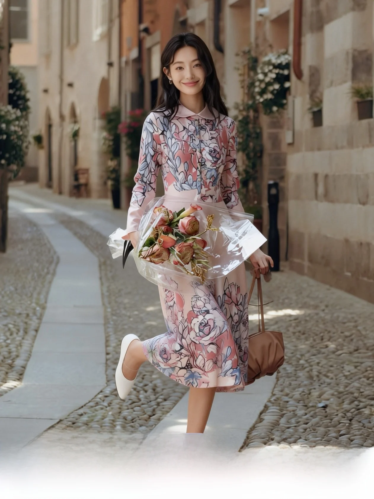 

ChunDu Date Floral Print Maxi Dress Pink Waist-Cinching Long Sleeve Turn-down Collar Shirt Dress Soft Comfortable Polyester F...