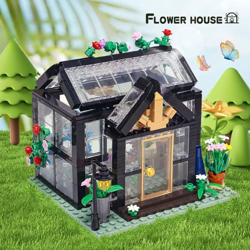 ชุดตัวต่อบล็อกบ้านดอกไม้สีดำ MOC Unique Sunshine ของเล่นห้องสวนพฤกษศาสตร์สำหรับเด็ก ของขวัญวันเกิดและวันหยุด