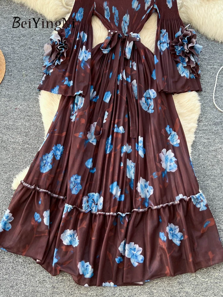 Beiyingni Lente Zomer Vakantie Maxi Jurk Vrouwen Bloemen Gedrukt Vrouwelijke Flare Mouw Geplooide Lange Mouw Jurken Pendelen Senior