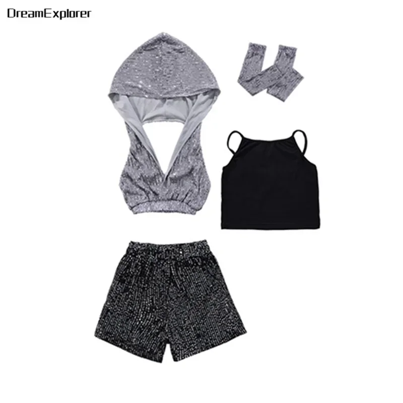 Meisjes K-Pop Lovertjes Crop Hoodies Streetdance Short Pu Lederen Cargo Broek Kids Hiphop Jazz Rokken Kleding Set Kinderkleding