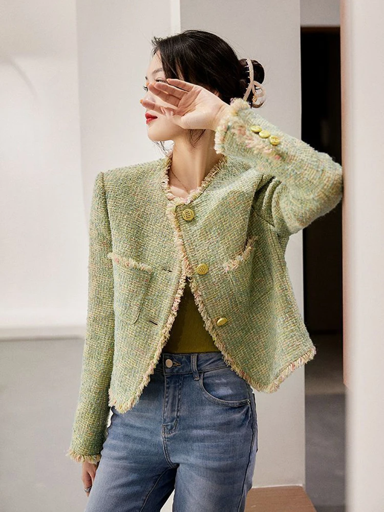 Zoki Chic Tassel Green Tweed Jackets Women Elegant Long Sleeve Korean Casual Short Coat Fashion High Quality Sweet Outwear Tops