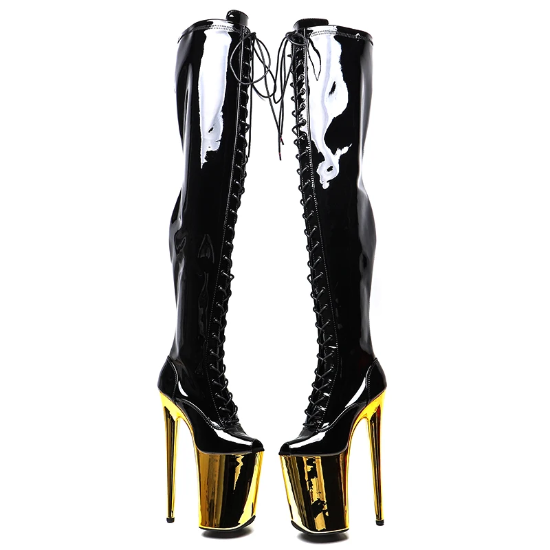 Leecabe  23CM/9inches   Patent  PU  upper Sexy boots  Open Toe Gold  electroplate High Heels Platform Pole Dance shoes