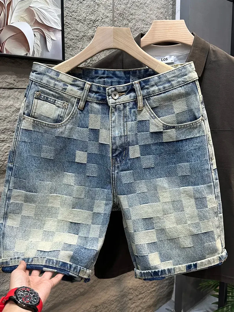 

High-End European Style Men's Denim Shorts Trendy Plaid Straight Leg Five-Quarter Summer New Arrival Breathable Comfortable Fit
