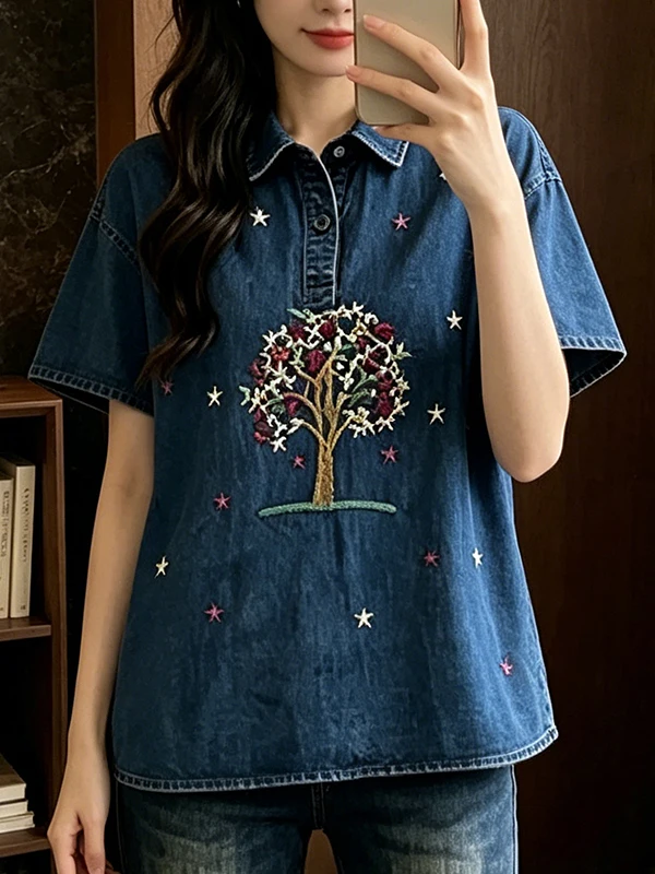 

plus Size Casual Loose Slimming Women's Denim Short Sleeve Shirt Korean Style Comfortable Breathable Summer New Design