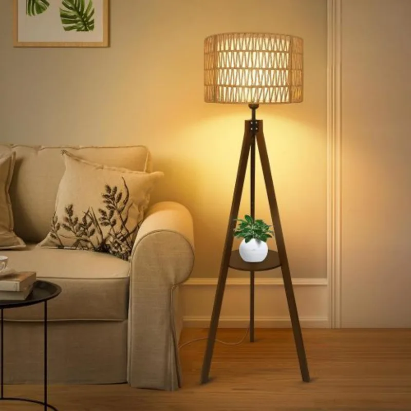 FENGSHUO Tripod Floor Lamp Shelves  Wood Standing Lamp Rattan With Fabric Shades On/off Foot Switch Living Room Bedroom Office