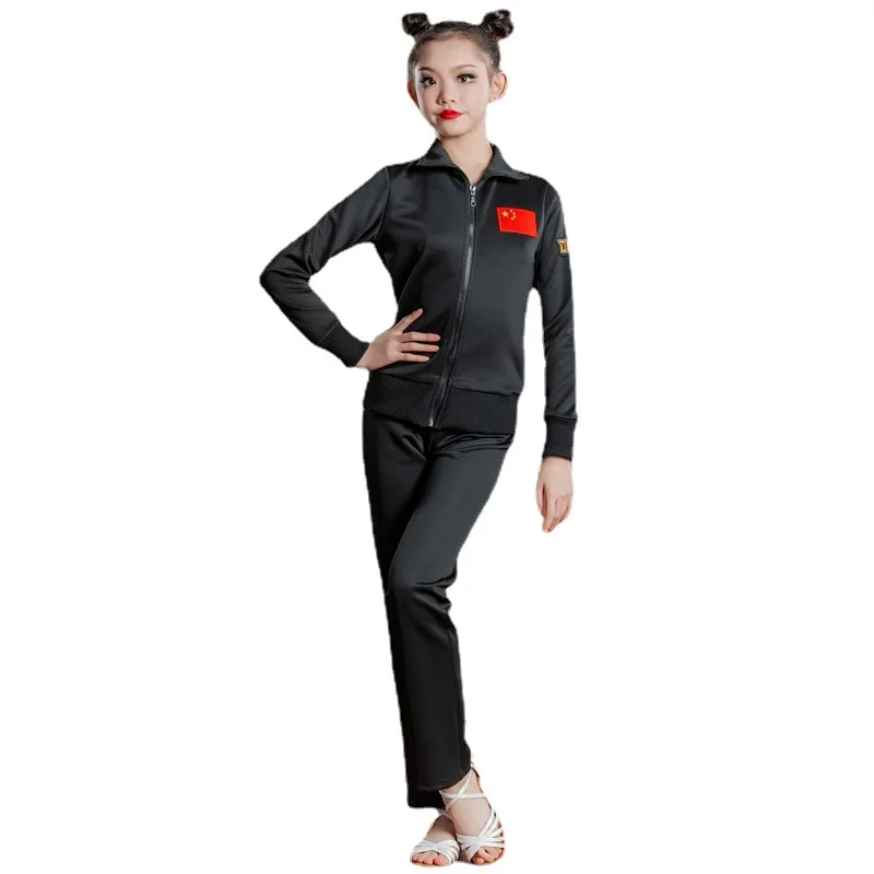 Terno de dança latina personalizado, vestido de prática para meninas, competição profissional, vestido escolar, uniforme de manga comprida, calças superiores