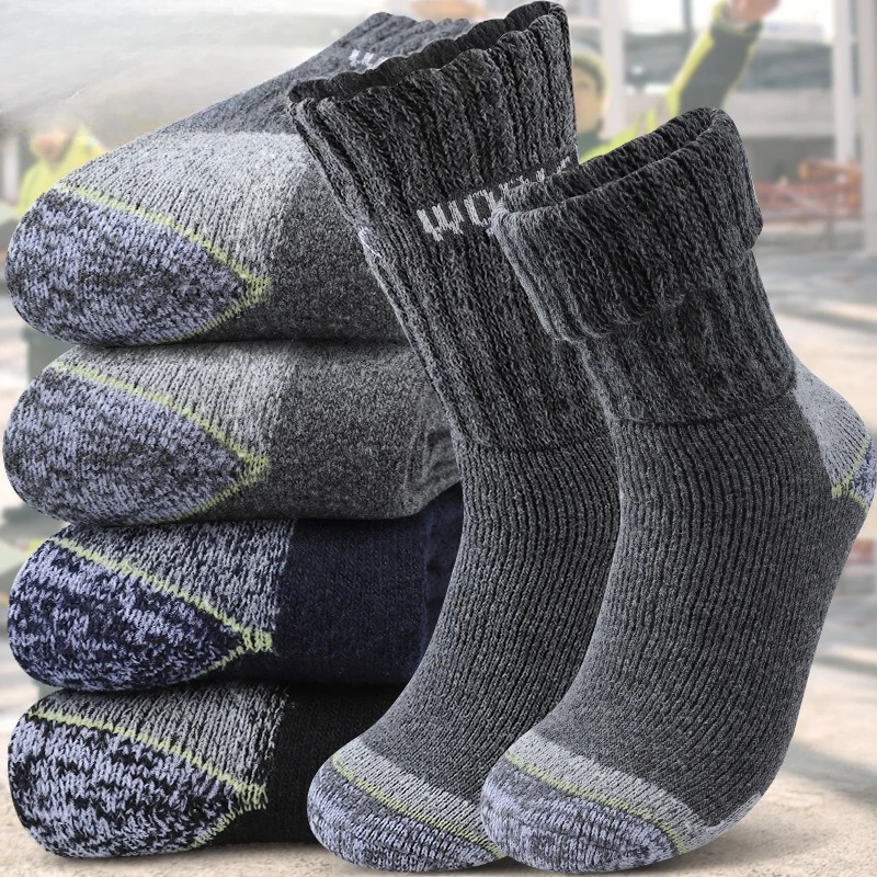 1 pair of winter men's plush cold proof work socks, thick and warm mid tube socks, work socks, hiking and skiing socks