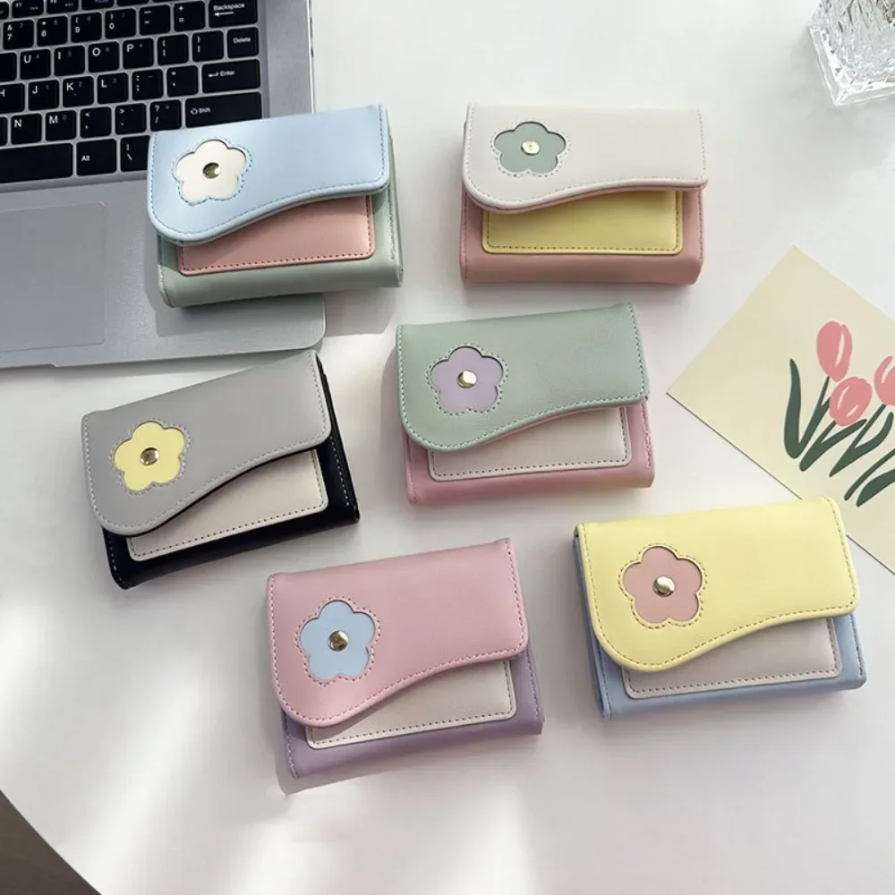 Cute Flower Short Folding Card Bag PU Color Contrast Trifold Wallet Ins Cartoon Color-matching Purse Travel