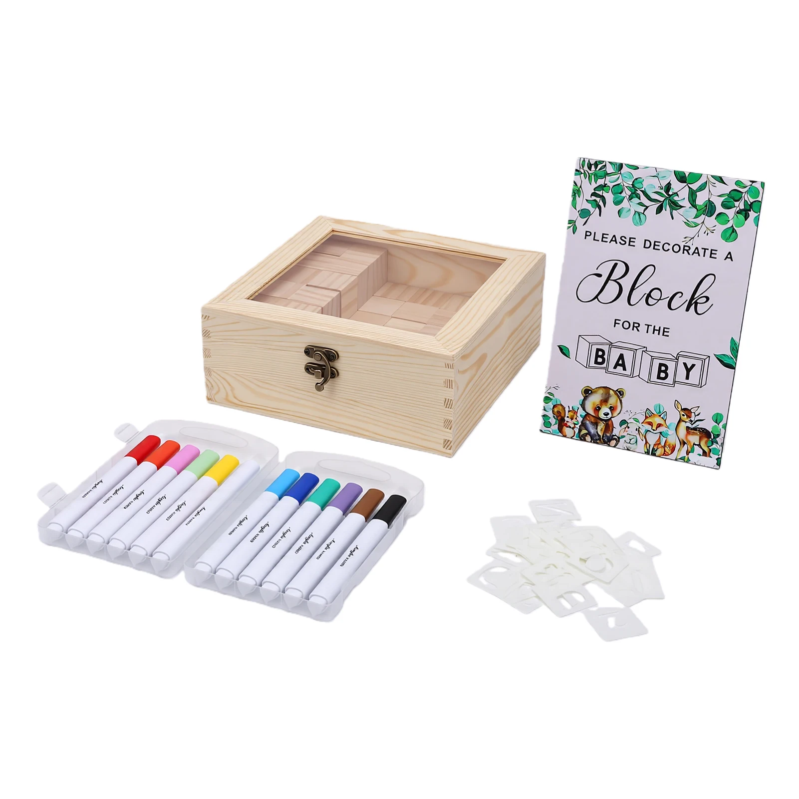 【new】baby-shower-block-game-set-48-blank-wooden-blocks-12-markers-1-sign-42-templates-for-decoration-baby-shower-block-game-set