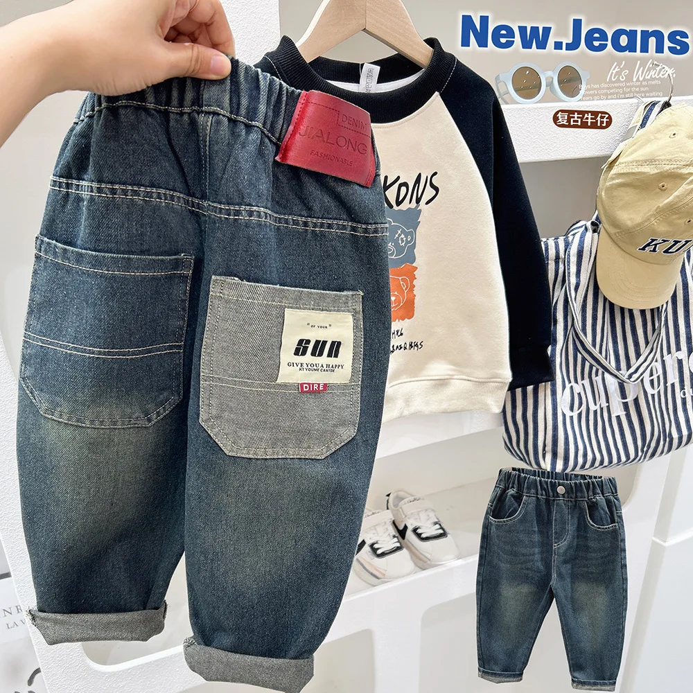 

Students Boys Denim Pants Spring Autumn 2025 Elastic Waist Retro Casual Loose Kid Boy Trousers Letter Sticker Children Boy Pants