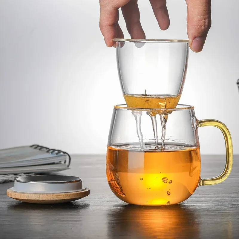 Creative Glass Tea Infuser Cup With Transparent Filter Handle Bamboo Lid Heat-resistant Flower Teacup Office Tea Mug Drinkware