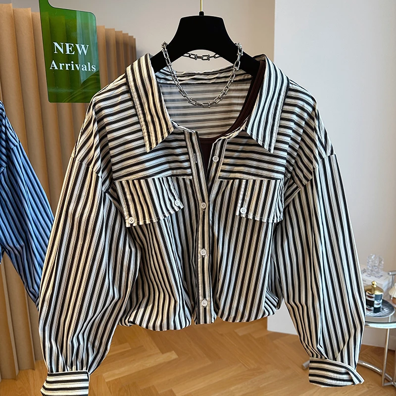 Striped Baggy Commuter Blouse Women Autumn 2023 Fashion Design Sense Oversized Boyfriend Style Shirt Premium Comfortable Top