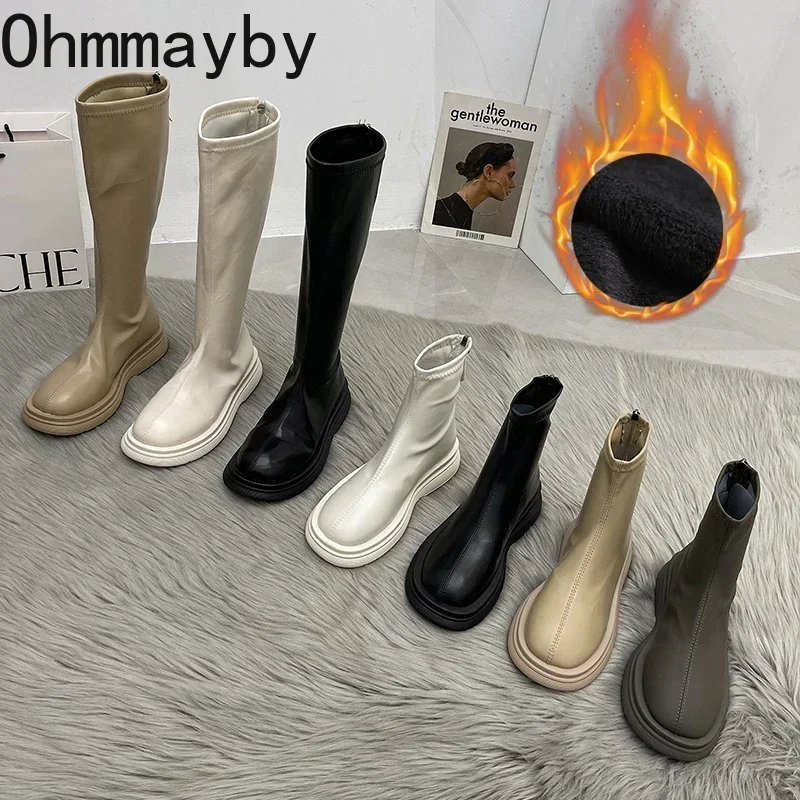 2024 Women Long Boots Thick Sole Ladies Zipper Knight Flats Heel Boots Fashion Knee-high Boots Keep Warm Plush Winter Shoes