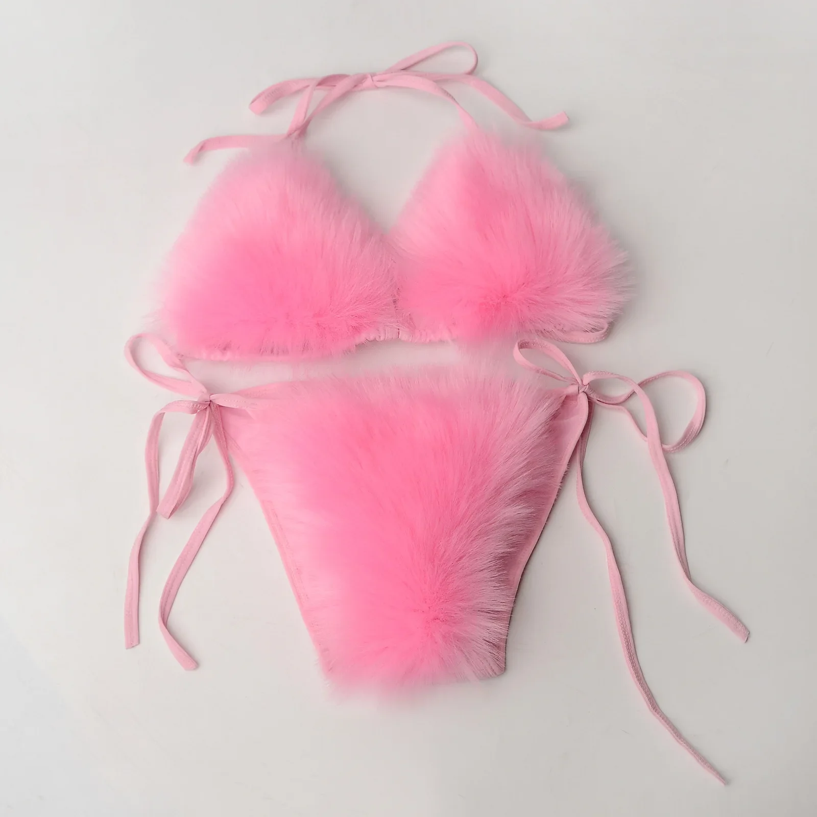 Fake Fox Fur Monocromático Bikini Set para Mulheres Faux Fur Swimsuit Sexy Underwear, Sutiã Dividido Triângulo, Swimwear de Pelúcia, Dois Maiôs Peça, Novo