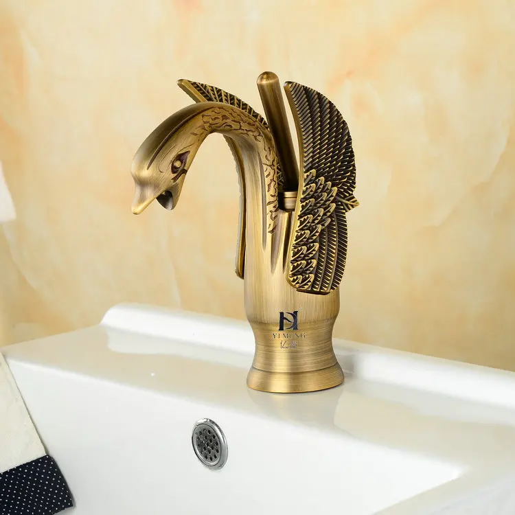 All Copper Gold European Retro Swan Black Ancient Table Art Base in Bathroom Light Luxury Hot and Cold Dual-Purpose Faucet