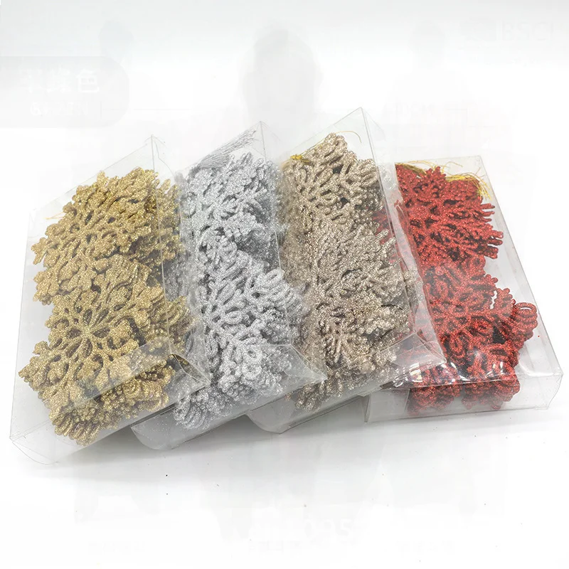 

24PCs Set 10cm Cross Border Wholesale Christmas Snowflake Chips Shiny Powder Snowflake Decoration for Christmas Tree Gift Box