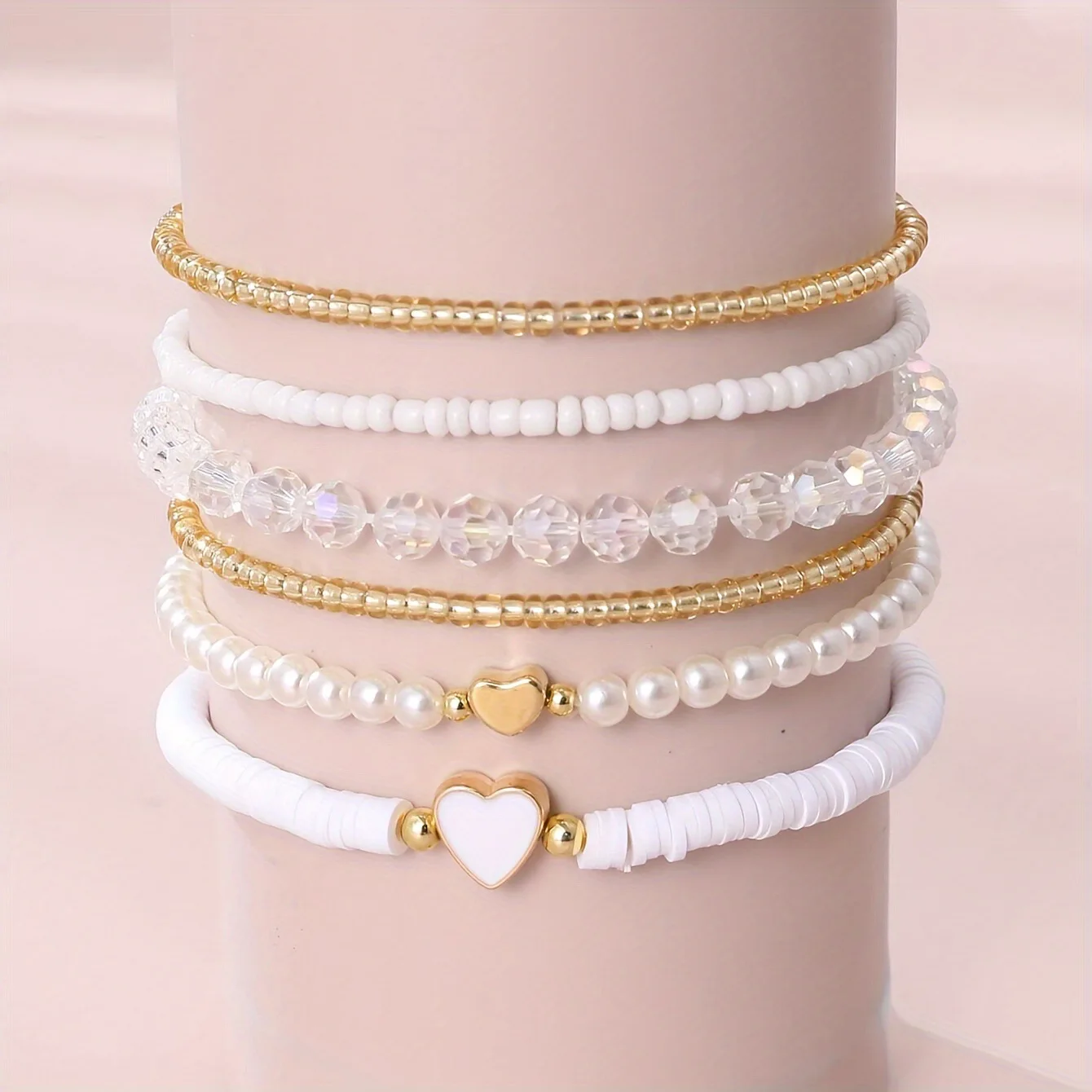 New trendy bohemian style imitation pearl rice bead foot chain female beach jewelry heart polymer clay beads anklet set