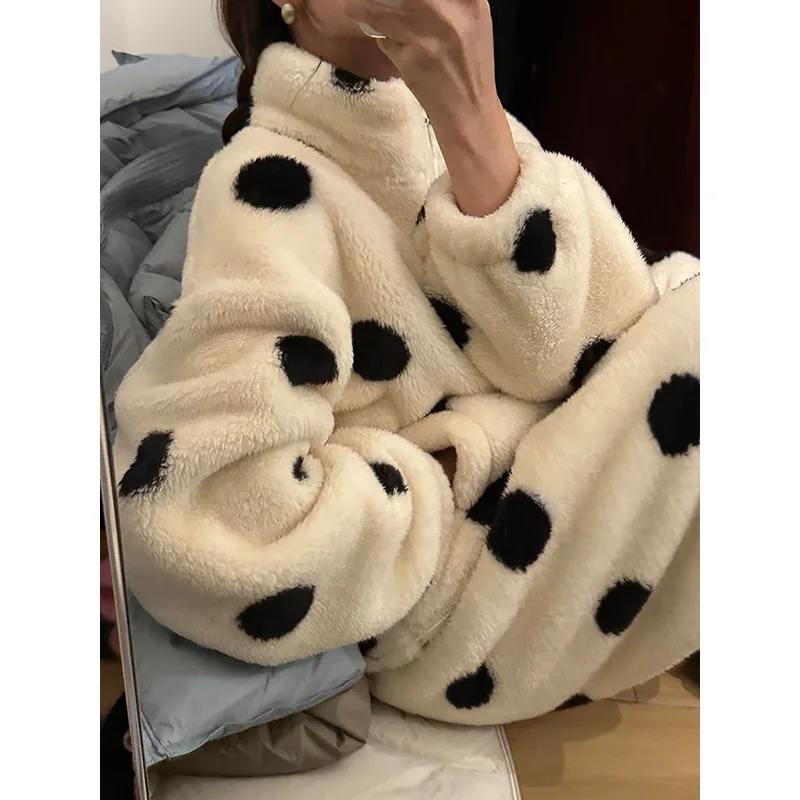 Polka Dot Turtleneck Coral Fleece Pants Set Winter Warm Cardigan +trousers 2-piece Sets Loungewear/pajama Set For Women