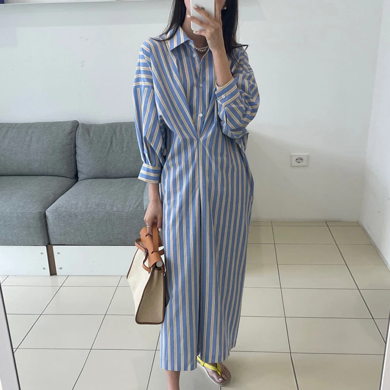 

French Style Stripe Shirt Long Women Spring Summer Long Sleeves Single Breasted Loose Dresses Fashion All-matched Dress