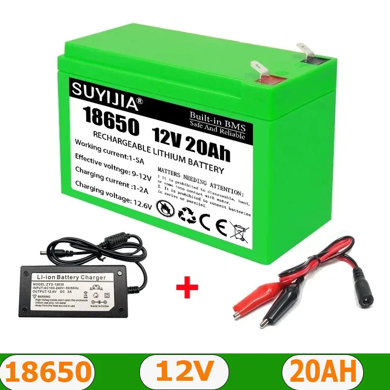 18650 12V 20Ah Lithium Battery Pack Built-in 30A BMS for Solar Energy Electric Vehicle Rechargeable Li-ion Battery+12.6V Charger