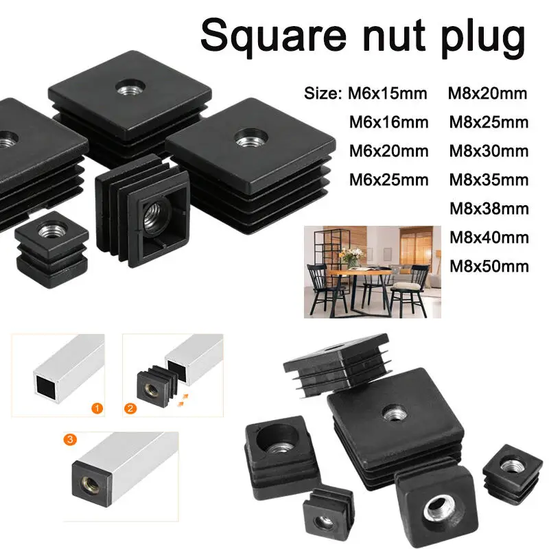 4/8/12/20pcs Black Square Plastic Pipe Plugs Adjustable Screw Foot Pad with M6 M8 Nut Hole Blanking End Inserts Caps
