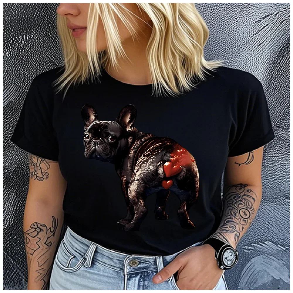 rench Bulldog Red Heart Butt Print T Shirt Women Funny Frenchie Puppy Casual Daily Basic Short Sleeve Top