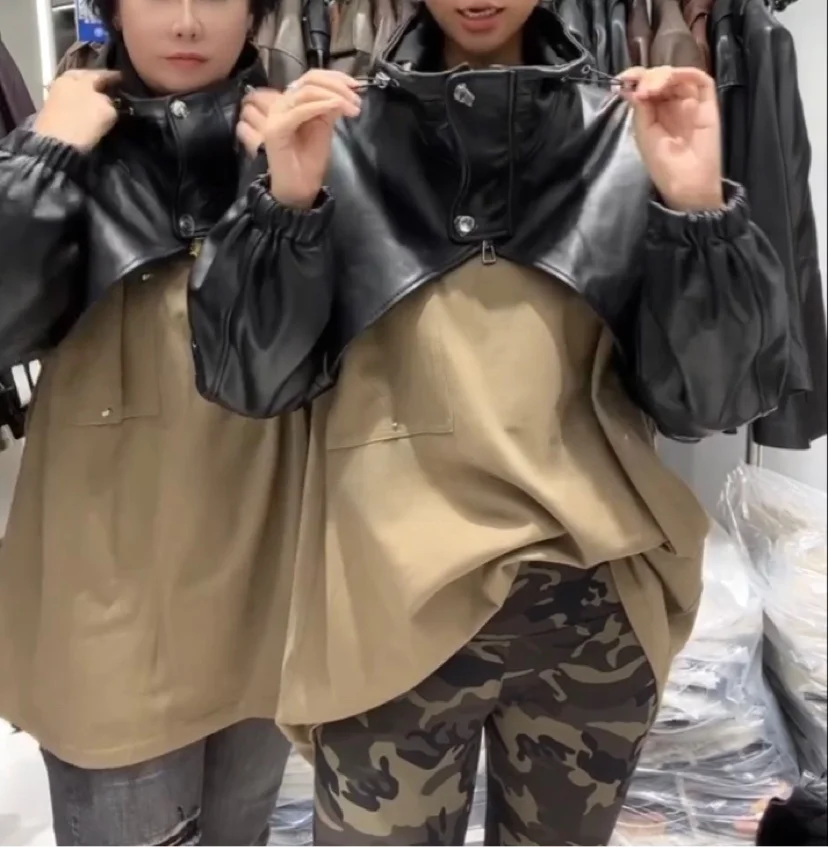 تأثير التخسيس Ultra-ort جلد الضأن Jaet المرأة طويلة Sve مقنعين فضفاضة تناسب ملابس خارجية من الجلد الطبيعي