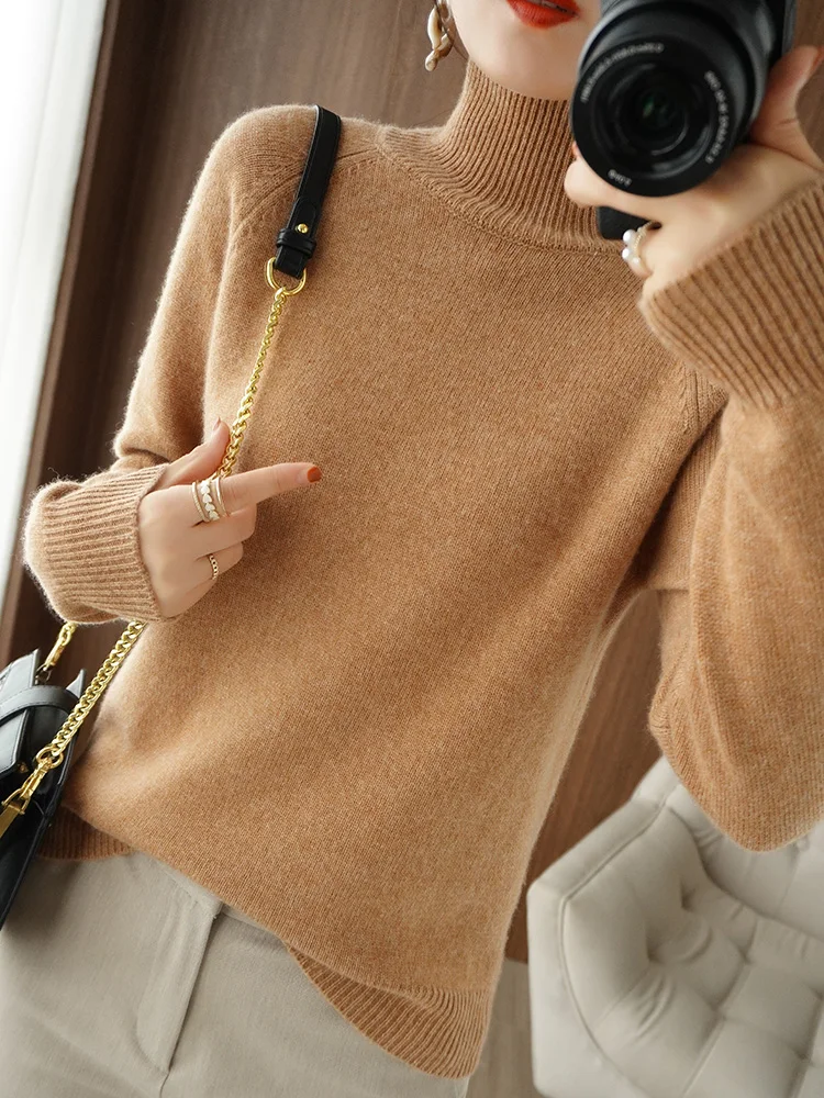 Fashion Basic Autumn Winter Merino Wool Sweater Mock Neck Cashmere Pullover Solid Color Soft Long Sleeve Basic Clothing Tops