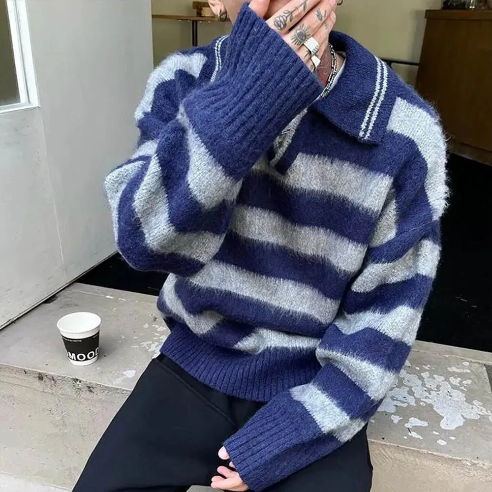 

Autumn New Men's Contrast Striped Sweater American Retro Fashion High Street Hip Hop Loose Casual Niche Men's Jacket 2025