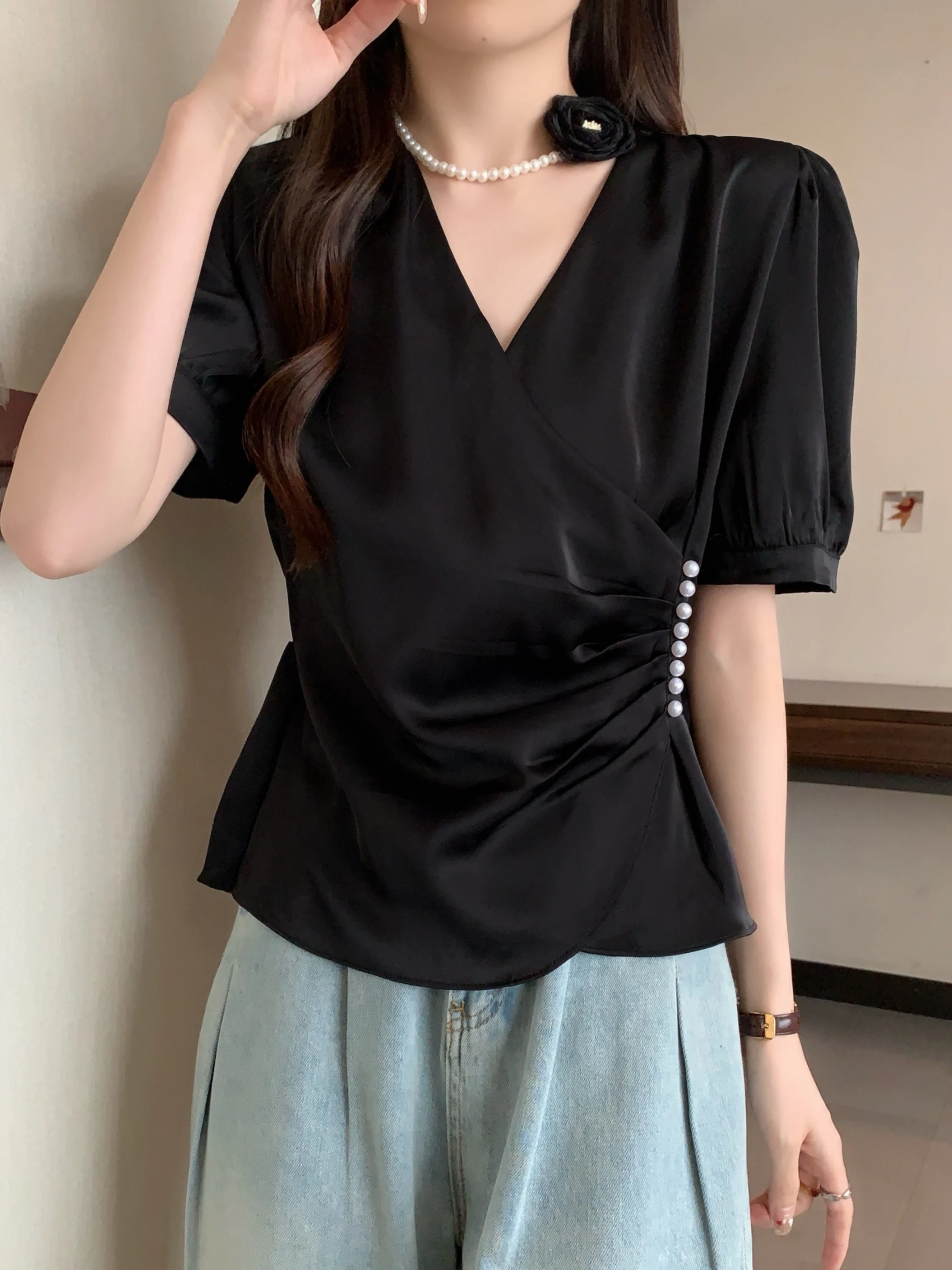 

Высококачественный ацетатный атлас ort Sve, женский летний топ больших размеров, закрывающий живот, пояс, V-Ne, асимметричный топ