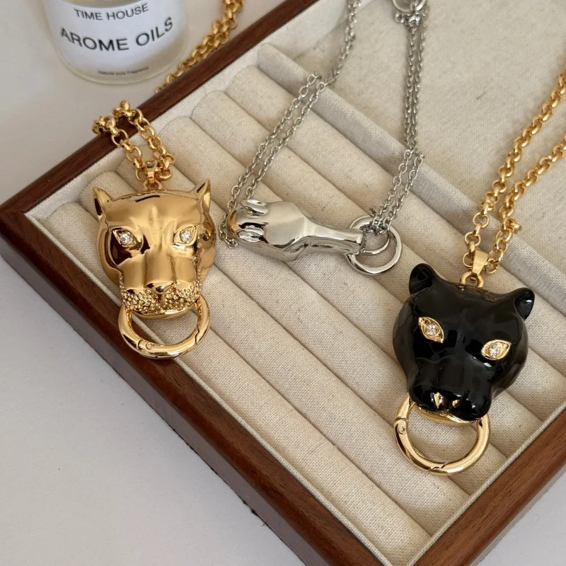 Vintage Emaille Leopardenkopf Anhänger Halsketten für Damen und Herren, Übertriebene Metallkette, Dicke Pulloverkette, Modisches Accessoire – Detail 5