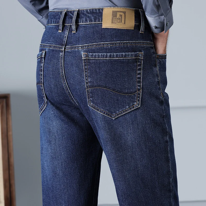 

Осенние толстые мужские свободные прямые джинсы, классические эластичные деловые повседневные джинсовые брюки из шерсти и хлопка с высокой талией, брендовые брюки