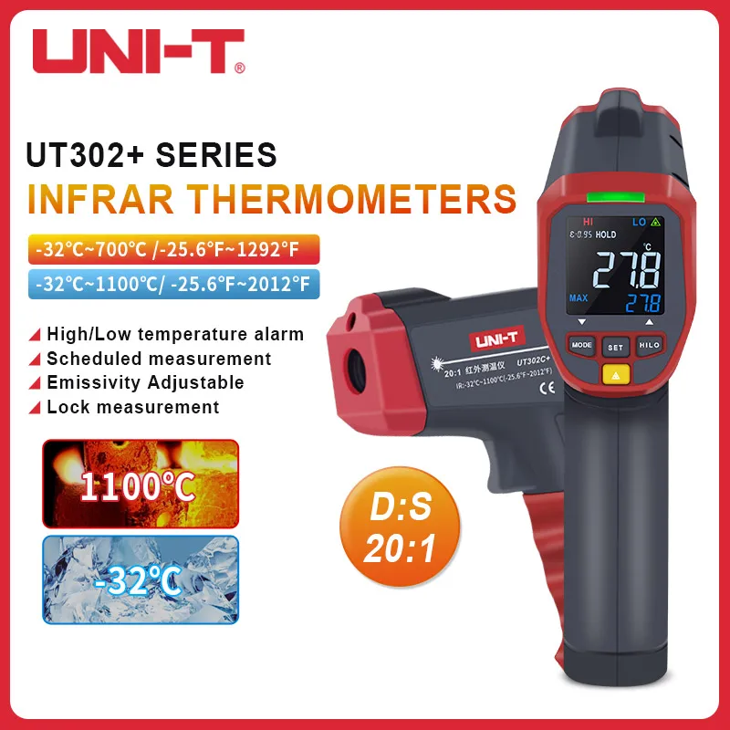 

UNI-T UT302A +/UT302C +/UT302D + Бесконтактный измеритель температуры, цифровой лазерный термометр, пистолет с ЖК-дисплеем и подсветкой