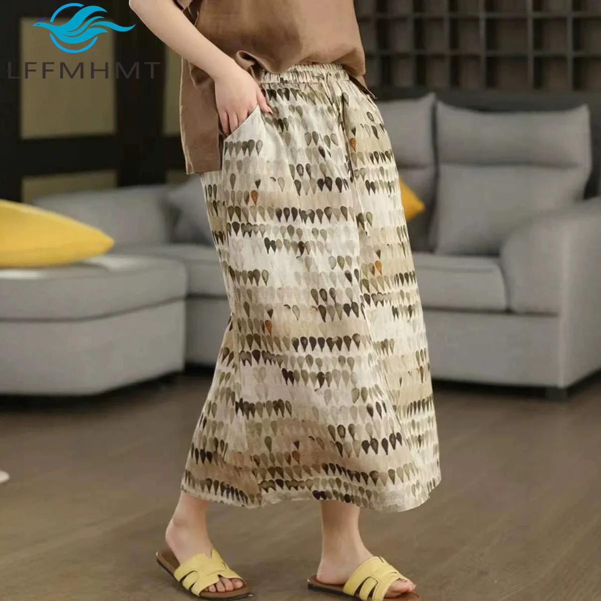 New Summer Vintage Printed 100% Linen Good Quality A-line Midi Skirt for Women Elegant High Waist Back Slit Half Dress