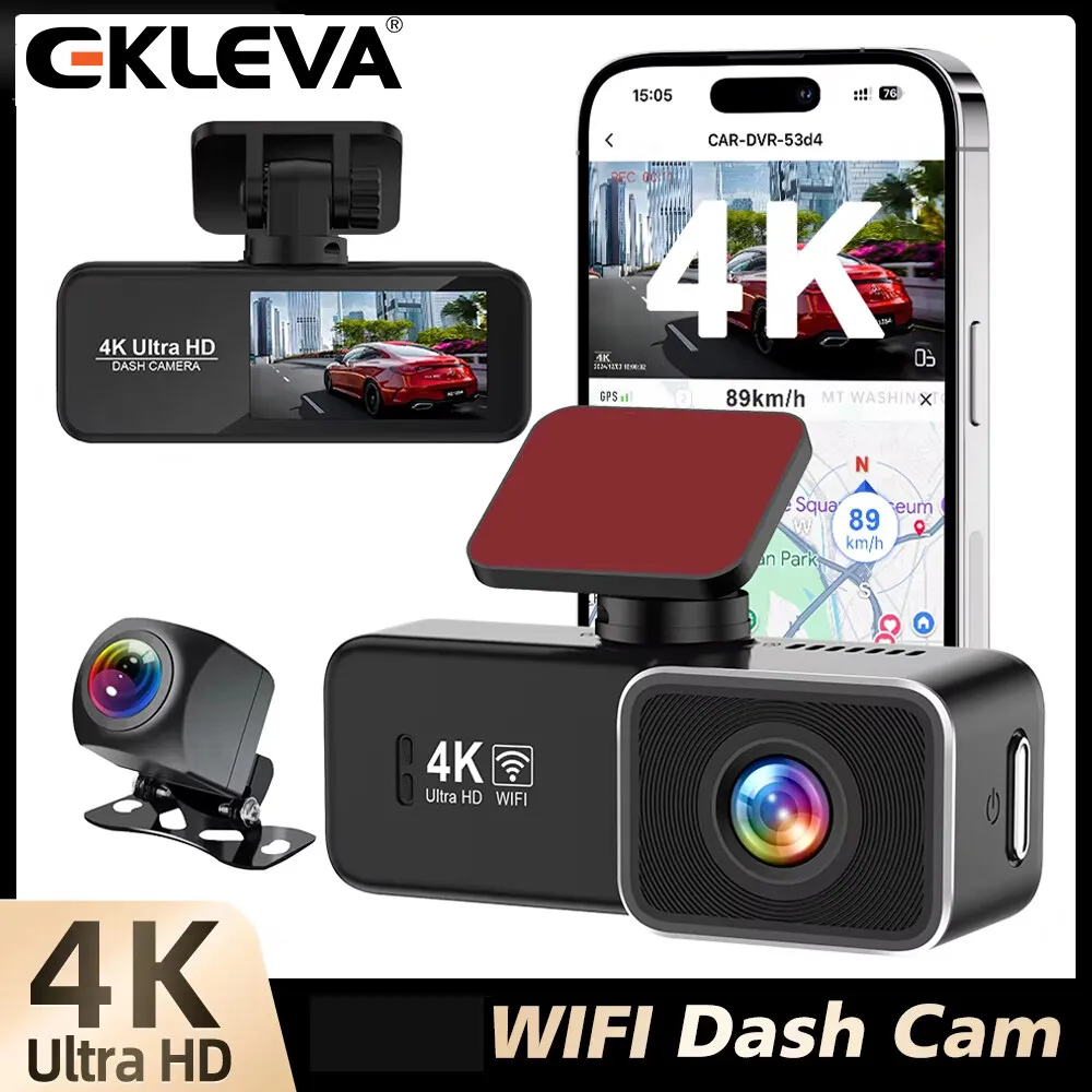 EKLEVA 4K WiFi Dash Cam Mini Car DVR 2160P أمامي وخلفي عدسة مزدوجة للرؤية الليلية مسجل فيديو كاميرا سيارة أوتوماتيكية 24H وقوف السيارات #1