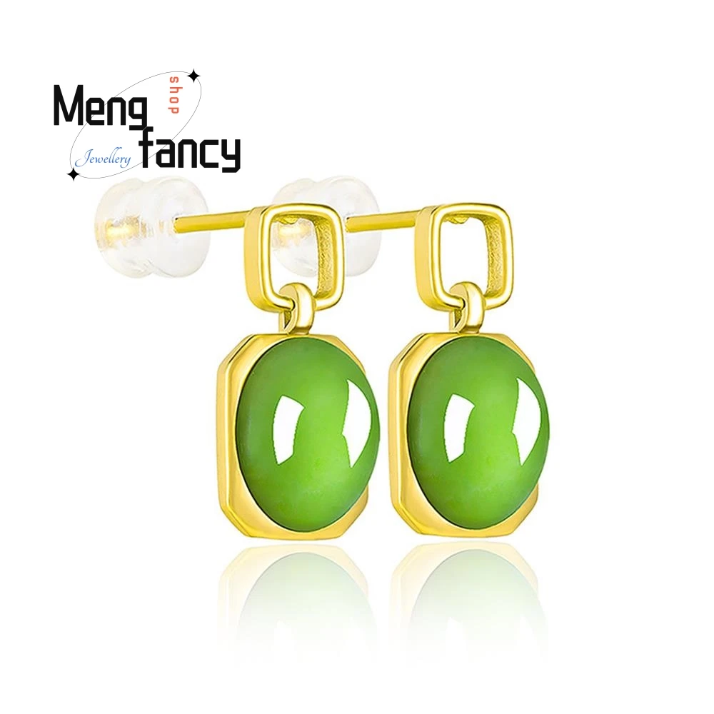 

Spinach Green Natural Material Hetian Jasper Earrings Female Models S925 Silver Inlaid Temperament Simple Fashion Luxury Jewelry