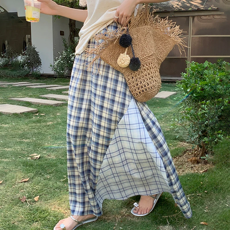 Élégant bleu Plaid femmes jupes longues été élégant choc couleur épissé drapé Faldas décontracté tout-Match taille haute a-ligne jupes