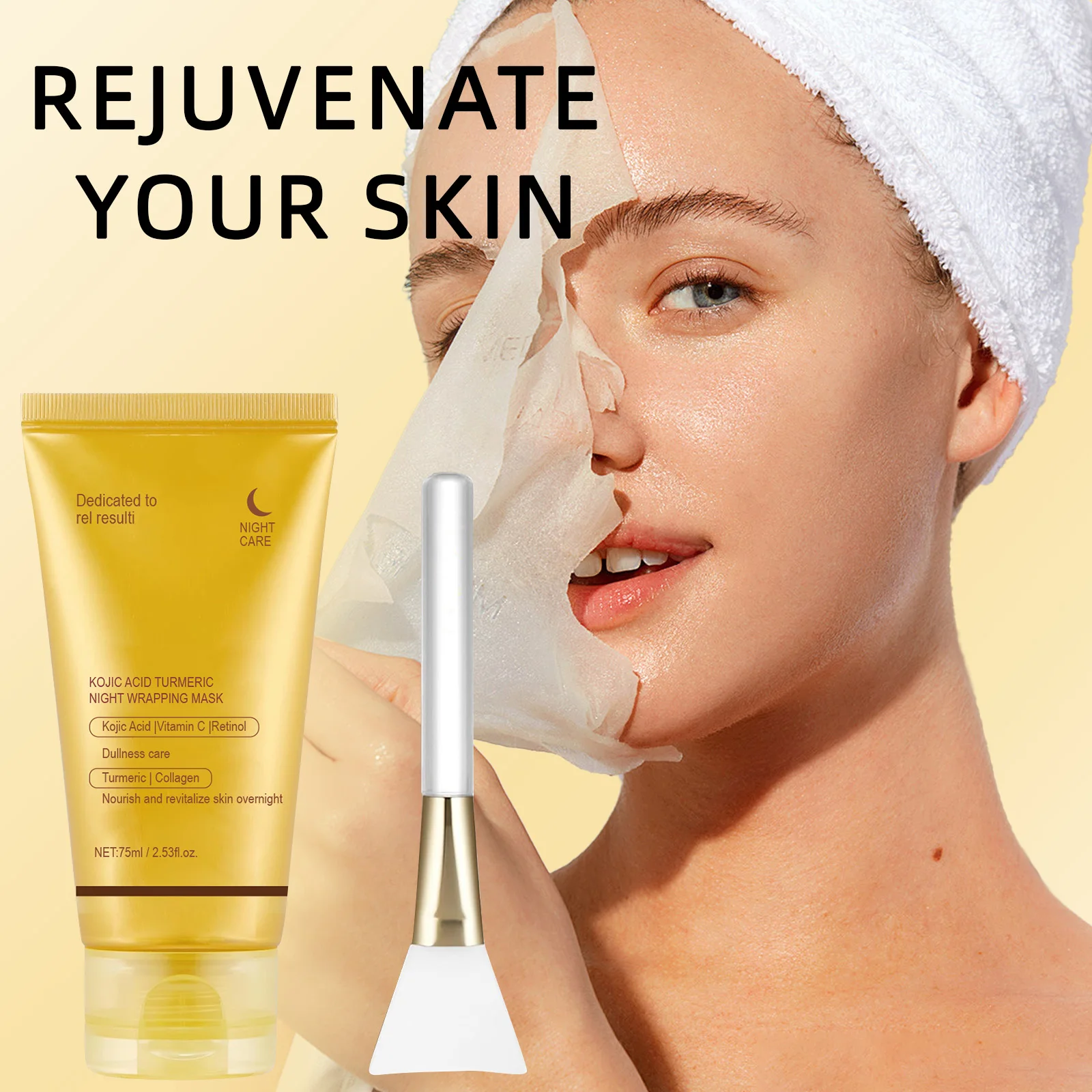 Mascarilla Facial de envoltura nocturna de cúrcuma, ácido kójico, hidratante, iluminador, mascarilla exfoliante, mejora la embotamiento, Control de aceite