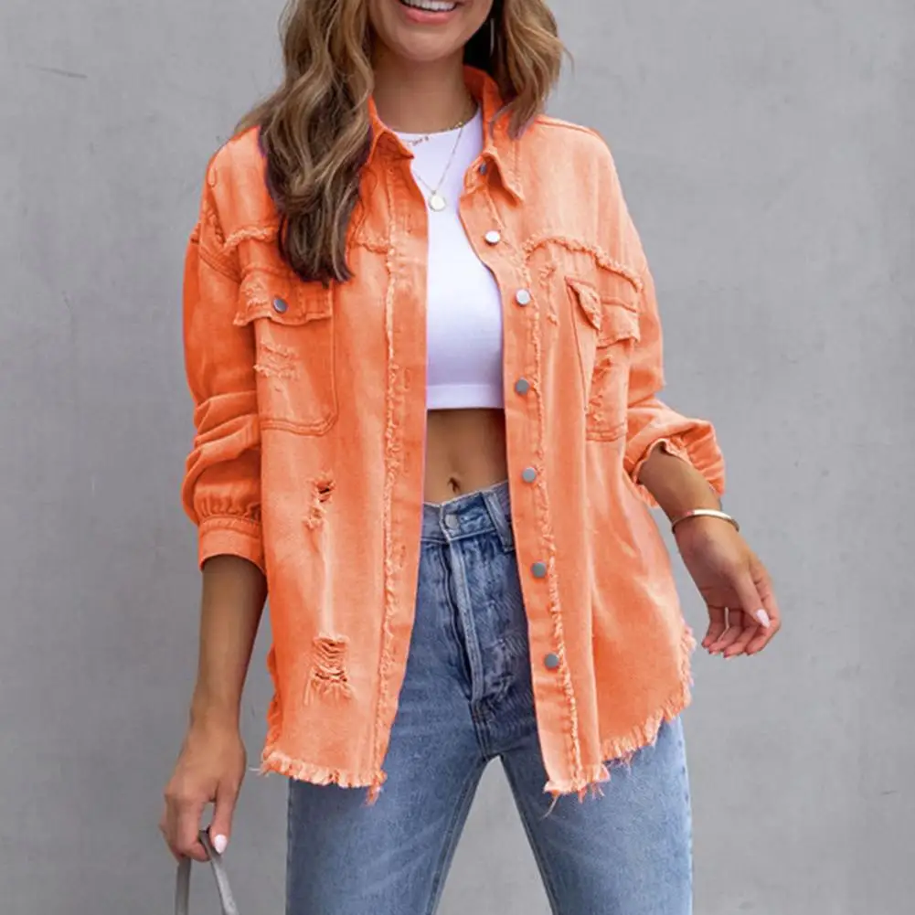 2023 Women Denim Jacket Holes Raw-edges Hip Hop Jeans Coat Shirt Style Jeans Casual Top Rose Red Outerwear Lady Coat Streetwear