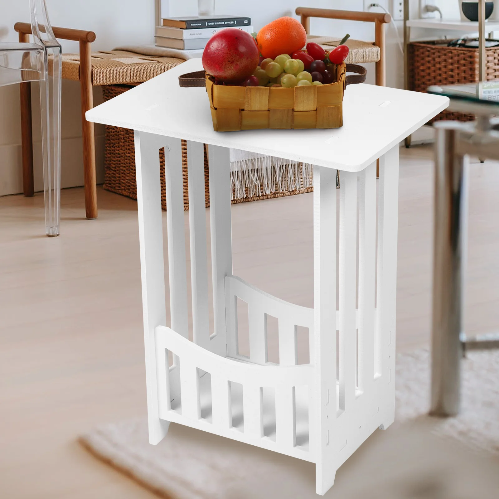 White End Table 2 Tier Boho Side Table Narrow Nightstand Storage Shelf Bedside Table Display Rack Small Spaces Bedroom Living