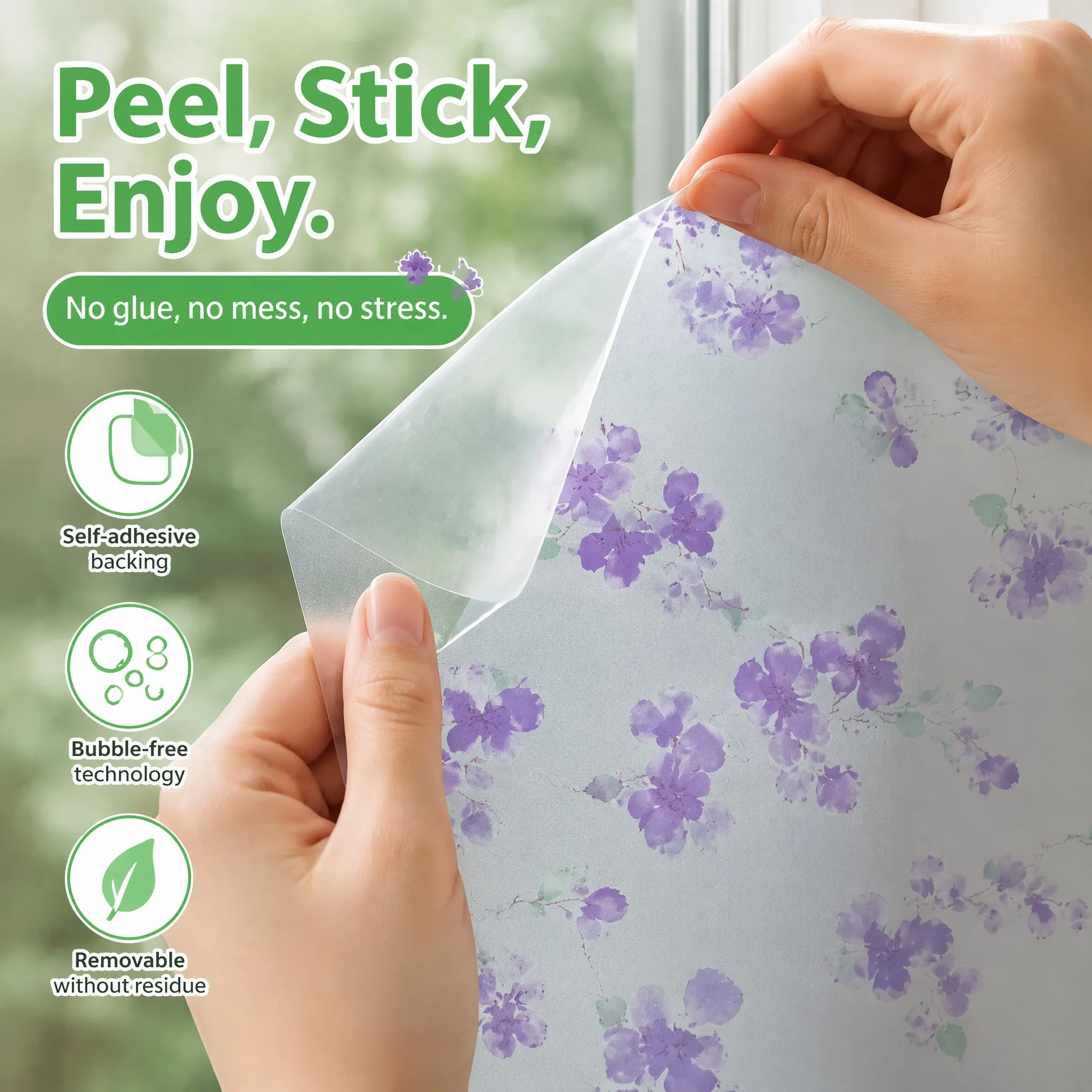 Purple Floral Pattern Self-Adhesive Frosted Window Film Privacy Decorative Film for Glass Doors And Windows view 4