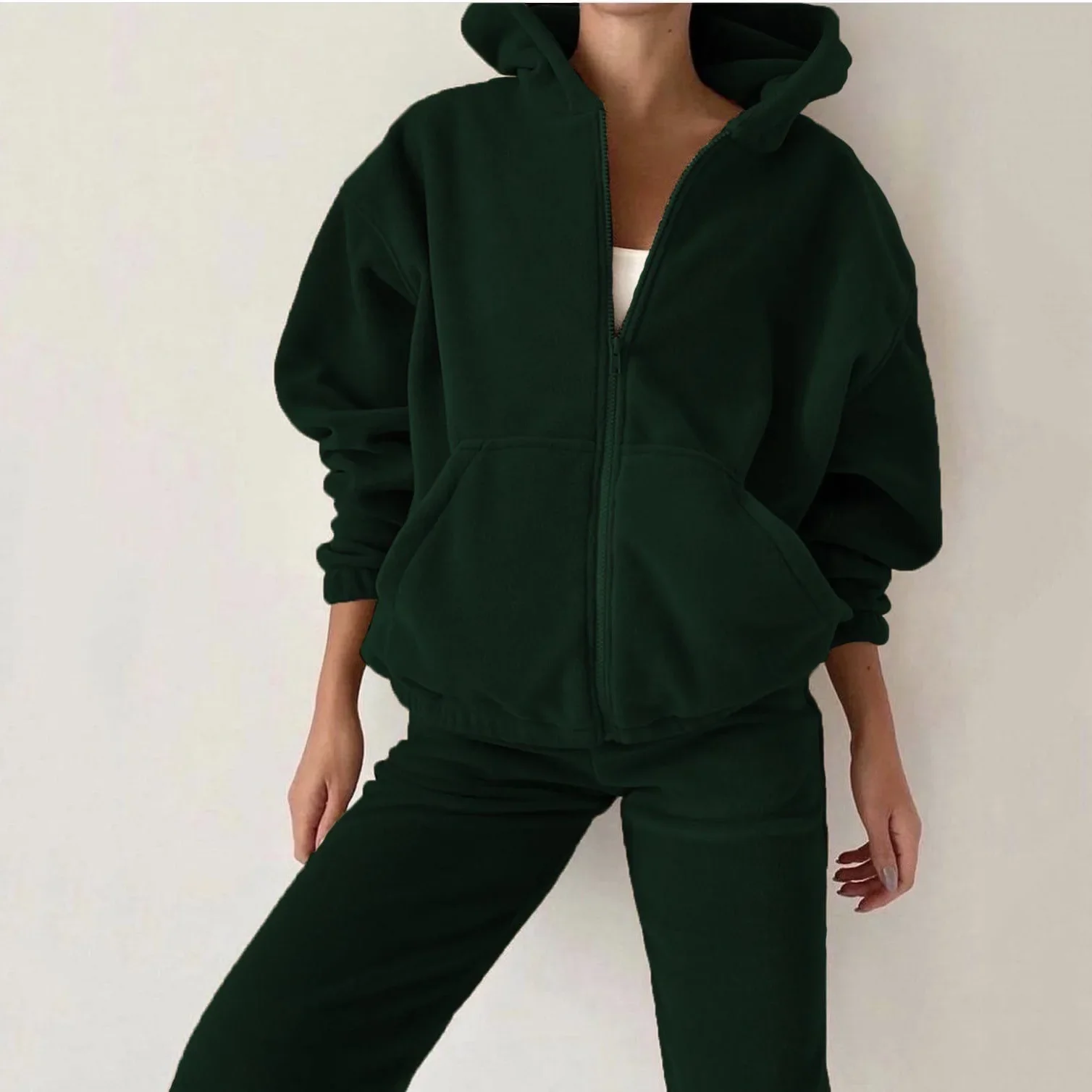 Matching Sets Autumn and Winter Women\'s Two Piece Sets Fashion Sports Leisure Sweater Suit Hooded Polar Fleece Fabric Pant Sets