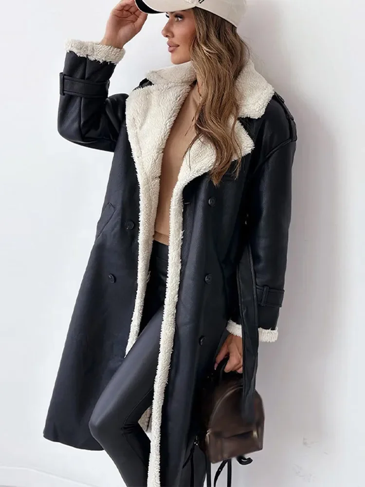 Fur Leather Long Jacket Women Belt Lambswool Long Sleeve Turndown Collar Pocket Female Coat 2023 Autumn Winter Lady Overcoat