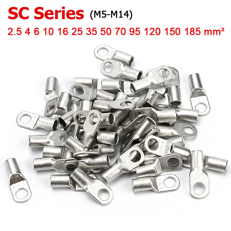 1-50pcs SC-2.5 4 6 10 16 25 35 50 70 95 120 150 185 Wire Nose Copper Terminals Battery Cable Lugs Screw Hole M5 M6 M8 M10 ~ M16