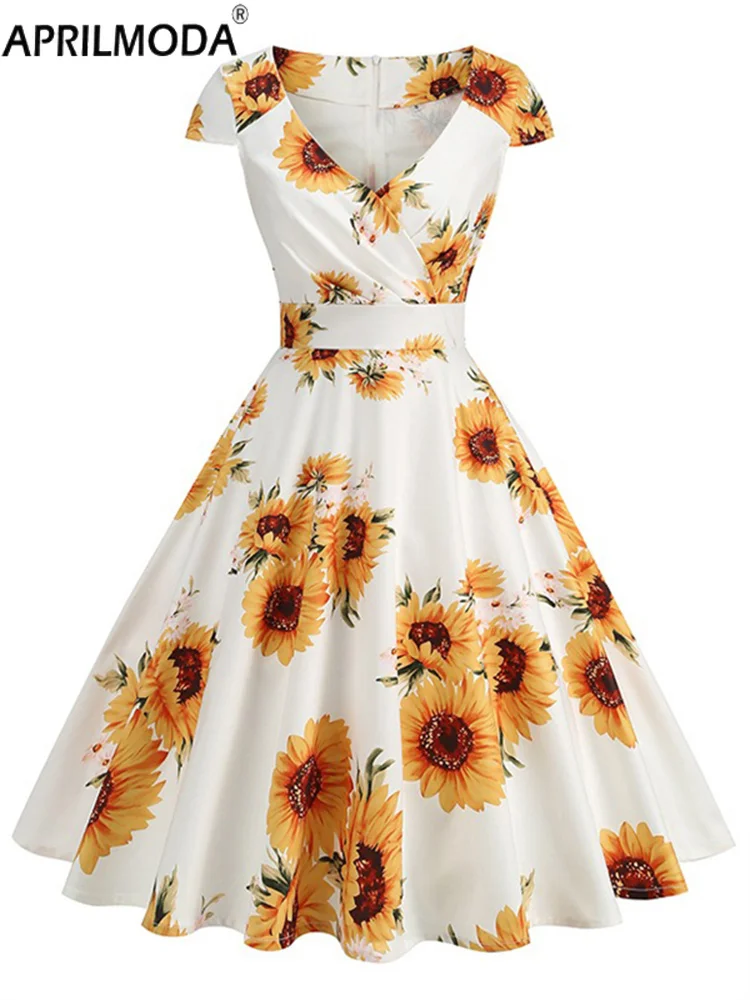 夏レトロヘップバーンスタイル 1950 年代 60 年代フレアカジュアルドレスレモンローズチェリープリント白黒ヴィンテージミディロング滑走路パーティードレス