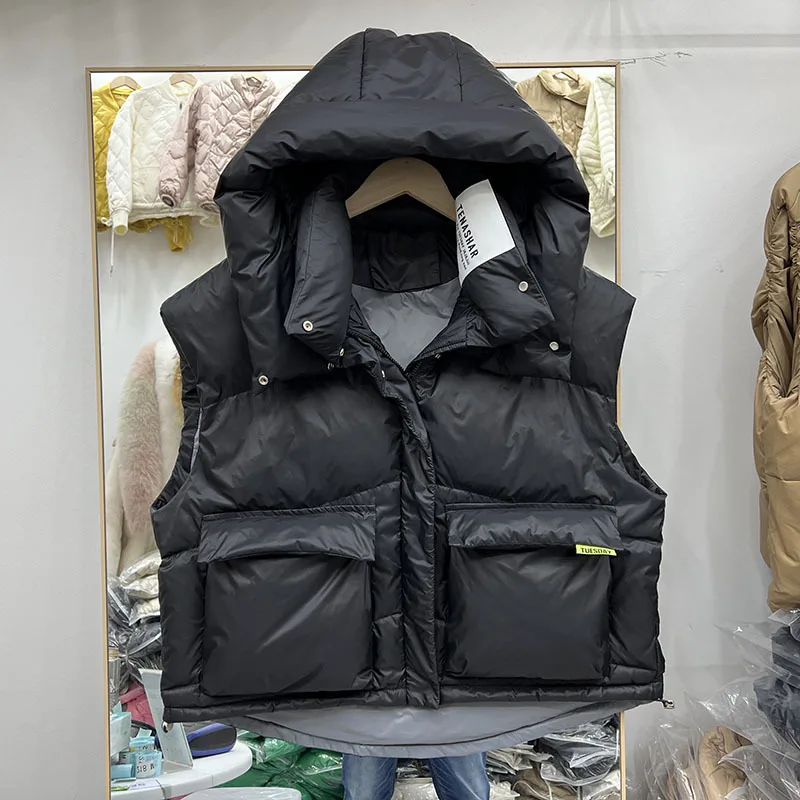 Winter 2023 New Down Jacket Women\'s Fashion Sleeveless Hooded Label Candy Color White Duck Down Coat куртка зимняя женская