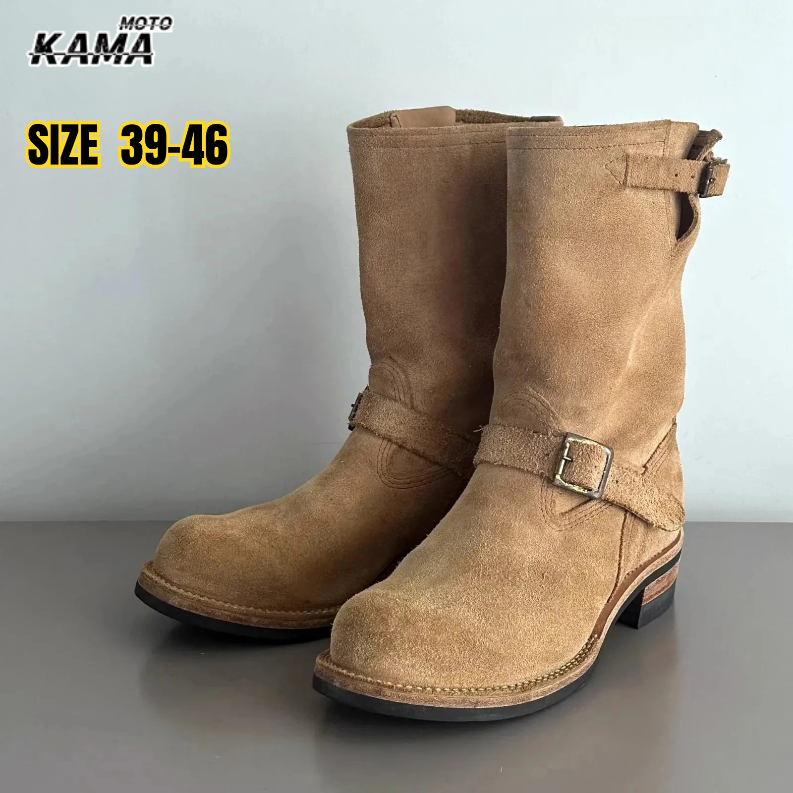 

Handmade Vintage Velvet Khaki Work Boots Men's Mid-Calf Retro Belt Bule Motor Vehicle Engineering Boots Botas De Motociclista